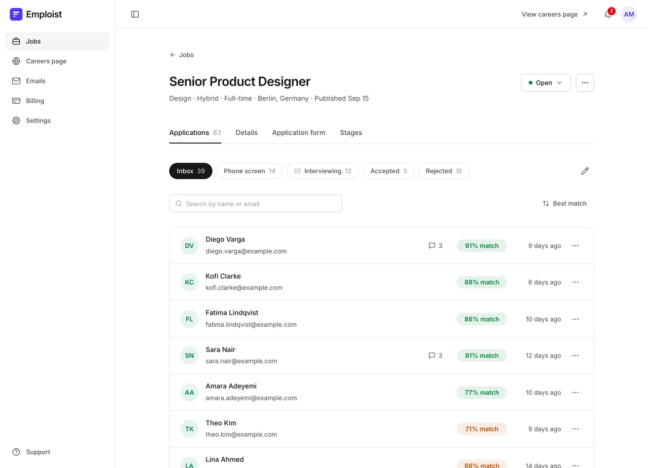 The applications for a Senior Product Designer job in Emploist, sorted by best match: 91%, 88%, 86%, and so on, with each applicant's name, email, and comment count.
