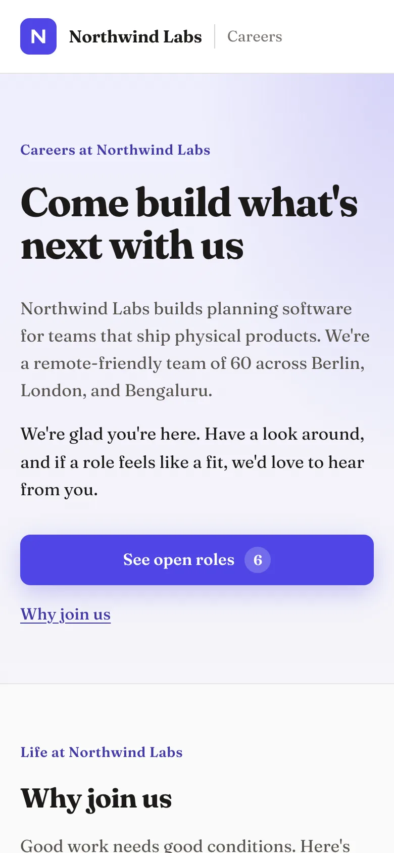 The redesigned careers page on a phone: the headline, the company description, and a full-width See open roles button, with the 'Why join us' section starting below.