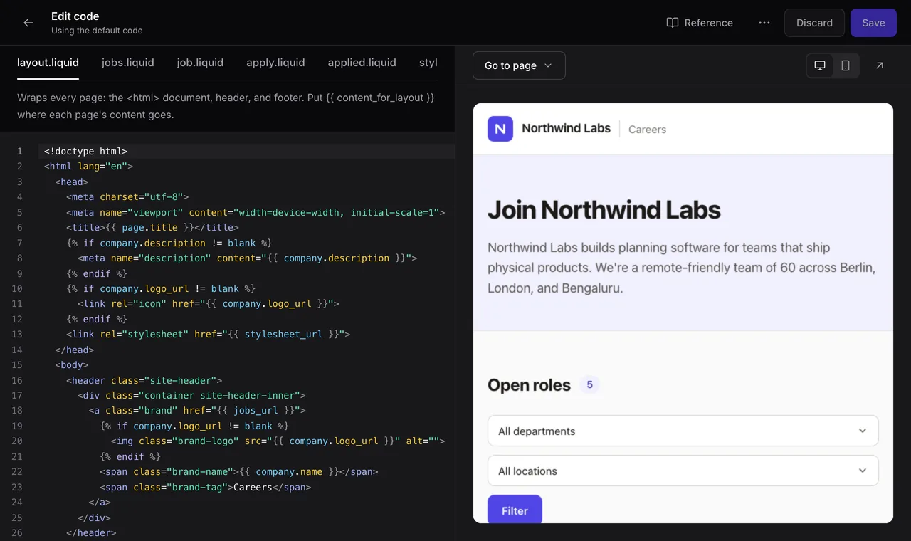 The careers page code editor in Emploist: the layout template with syntax highlighting on the left, and a live preview of the careers page on the right.