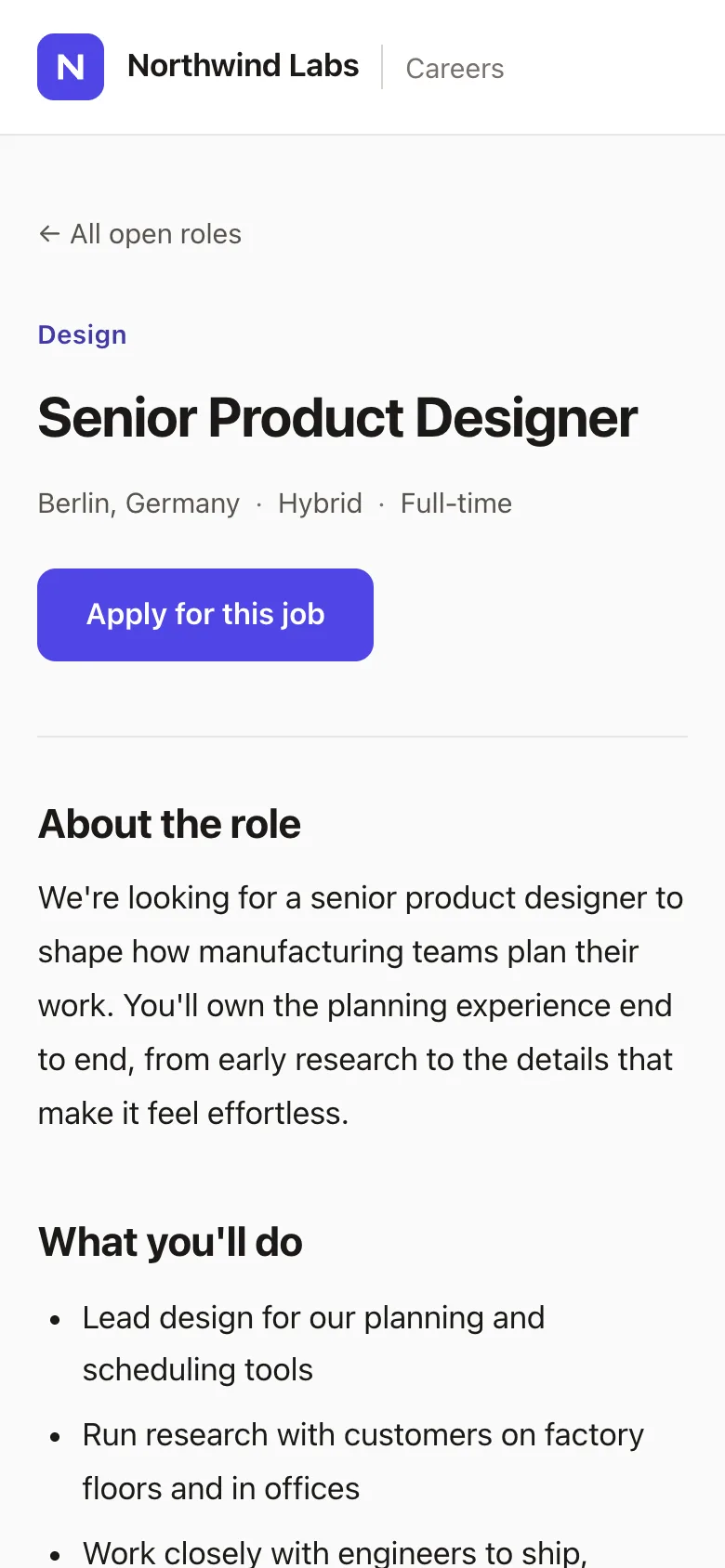 A job page on a phone: Senior Product Designer in Berlin, hybrid and full-time, with an Apply for this job button and the job description.
