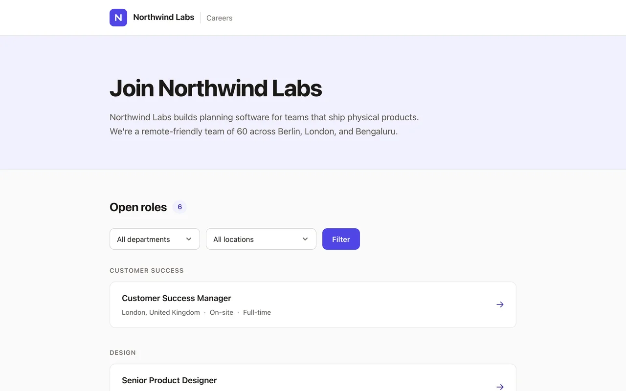 Northwind Labs' careers page: a header with the company's logo, a short introduction, and open roles grouped by department with filters for department and location.