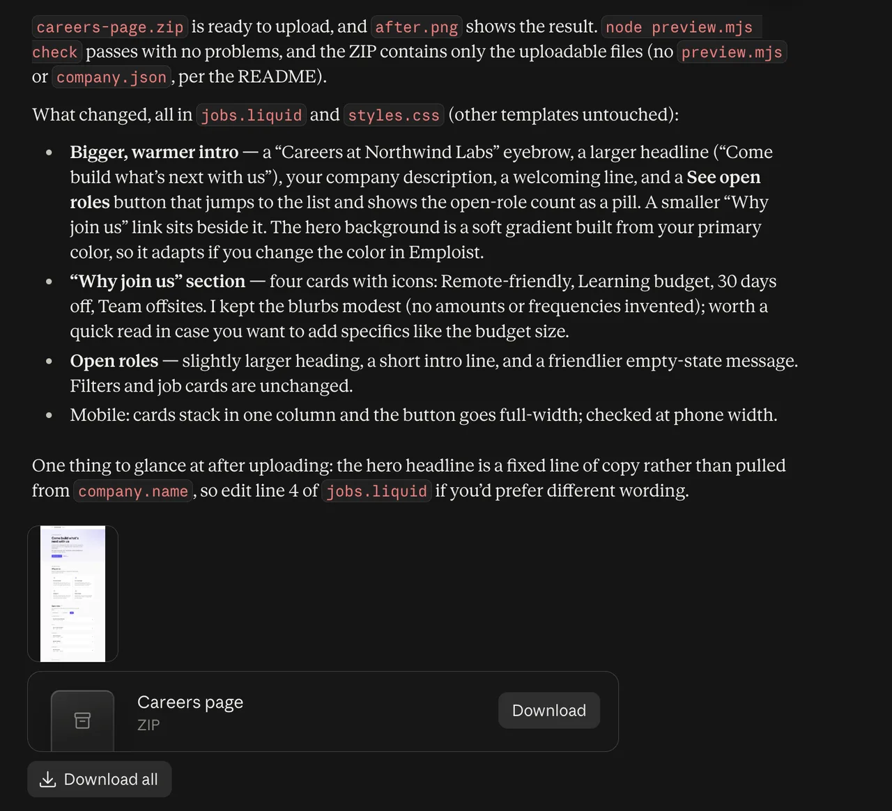 Claude's reply on claude.ai: careers-page.zip is ready to upload, a list of what changed in jobs.liquid and styles.css, a note that the new headline is fixed text, and the ZIP with a Download button.