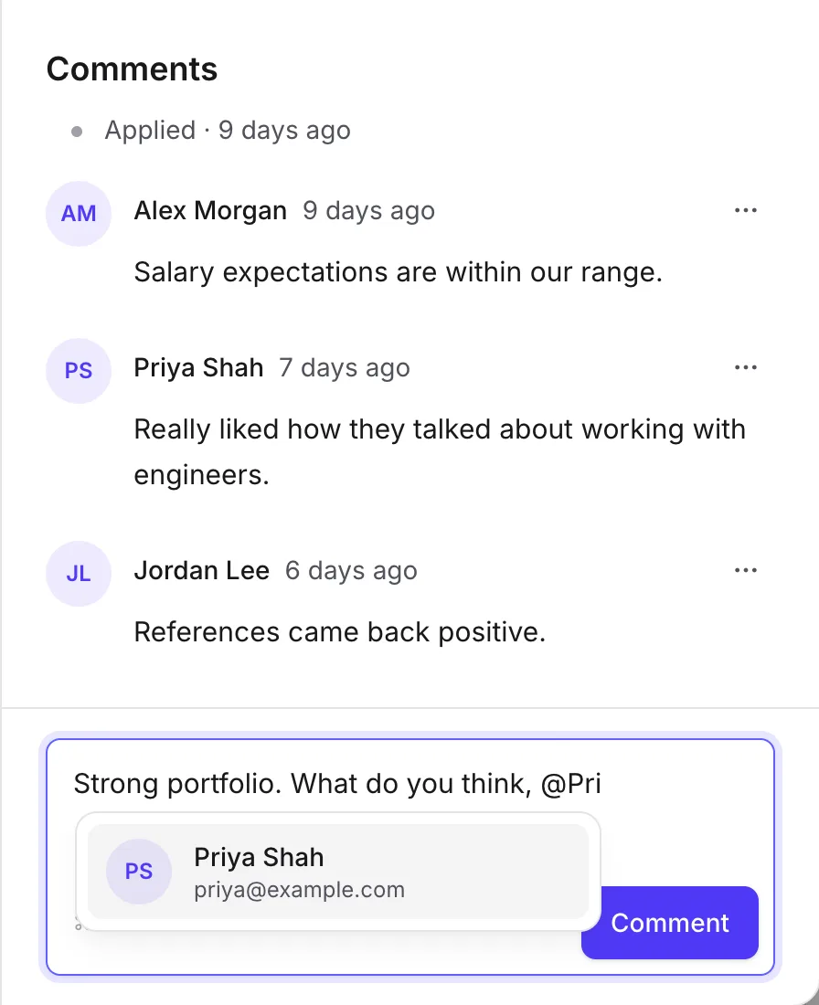 Comments on an application from three teammates, and a new comment mentioning Priya Shah, picked from a list of teammates.