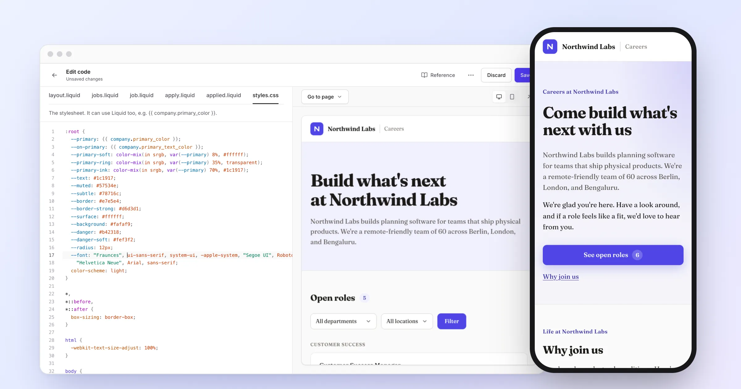 A redesigned careers page next to Emploist's code editor.