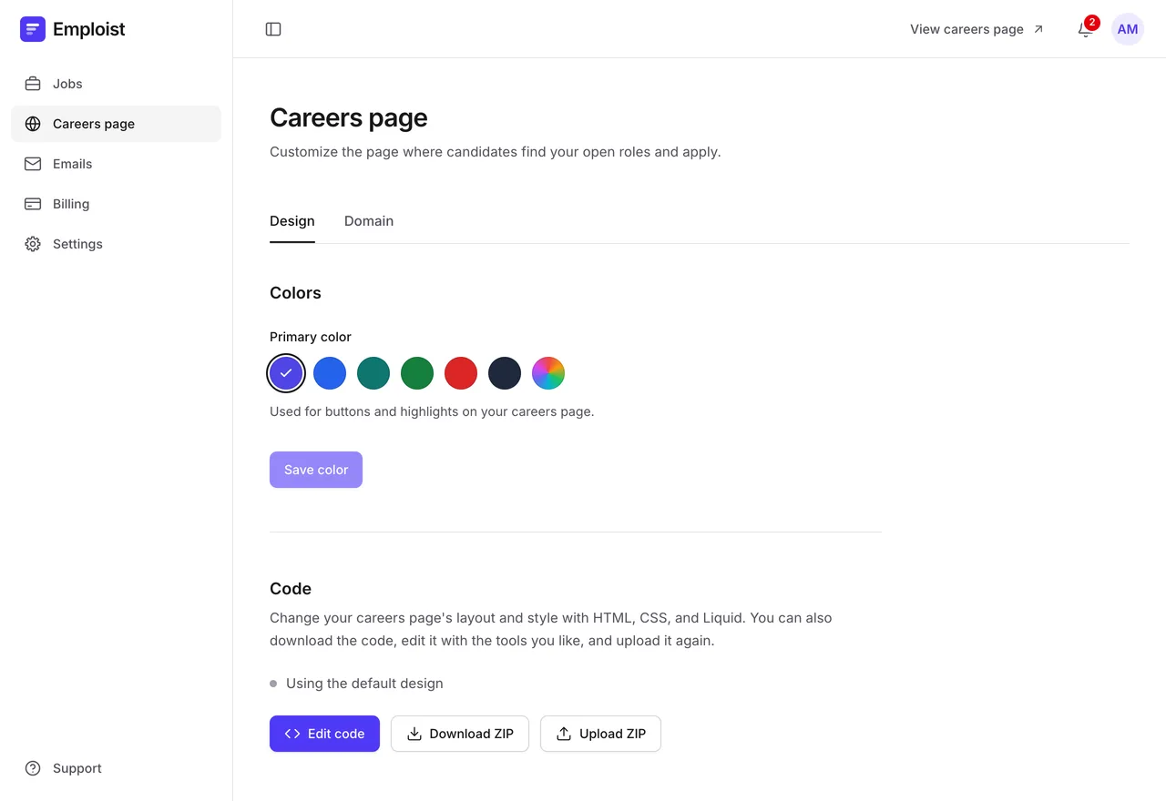 The Design tab of the Careers page settings in Emploist: a Primary color picker, and a Code section with Edit code, Download ZIP, and Upload ZIP buttons.