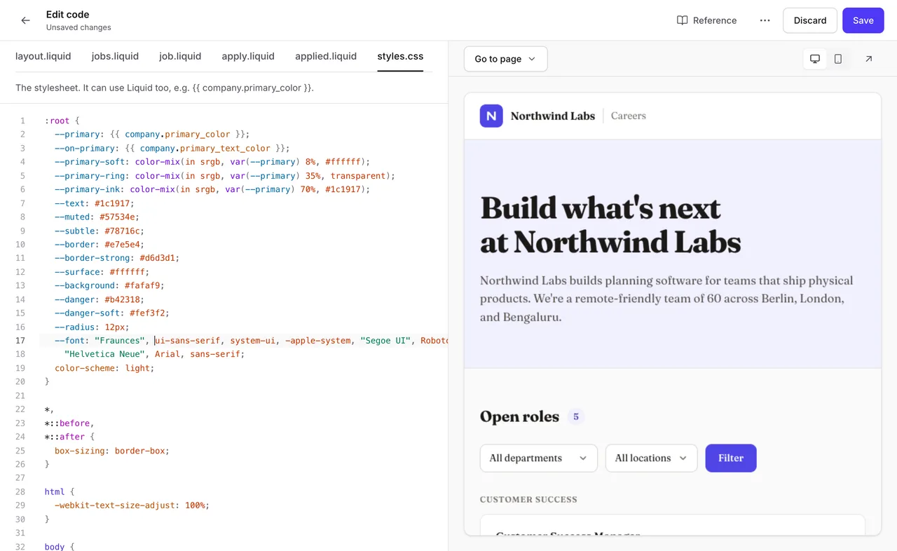 The styles.css file in the editor with Fraunces added to the --font line, and the preview showing the careers page in the Fraunces font.