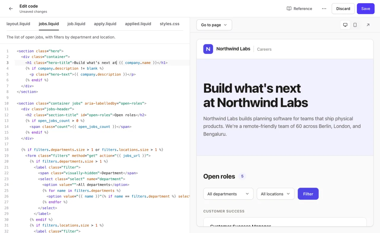 The jobs.liquid file in the editor with the headline changed to 'Build what's next at {{ company.name }}', and the preview showing 'Build what's next at Northwind Labs'.