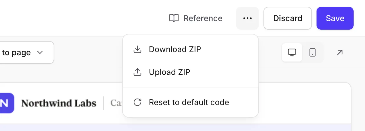The More actions menu in the editor, with Download ZIP, Upload ZIP, and Reset to default code.