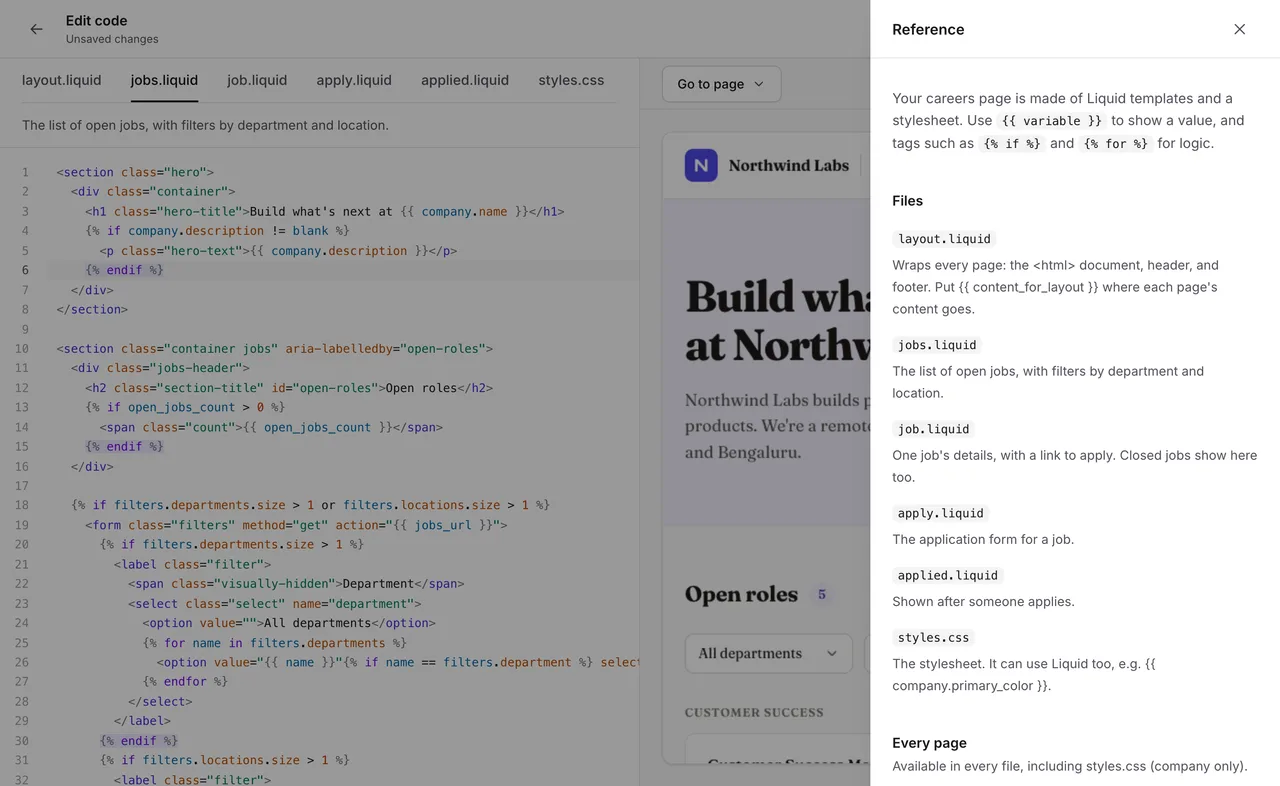 The Reference panel open over the editor, listing placeholders like company.name and company.description with what each one shows.