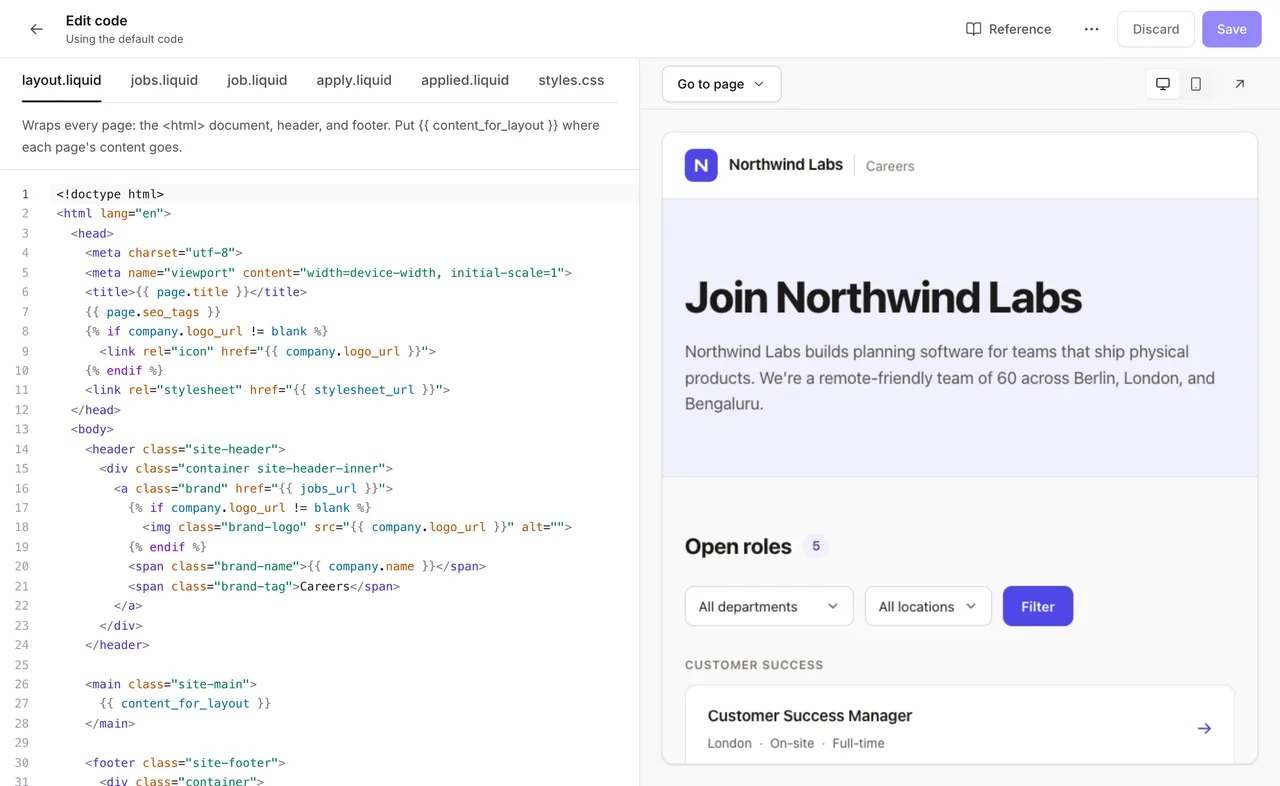 Emploist's code editor: file tabs and the code of layout.liquid on the left, and a live preview of the careers page on the right.