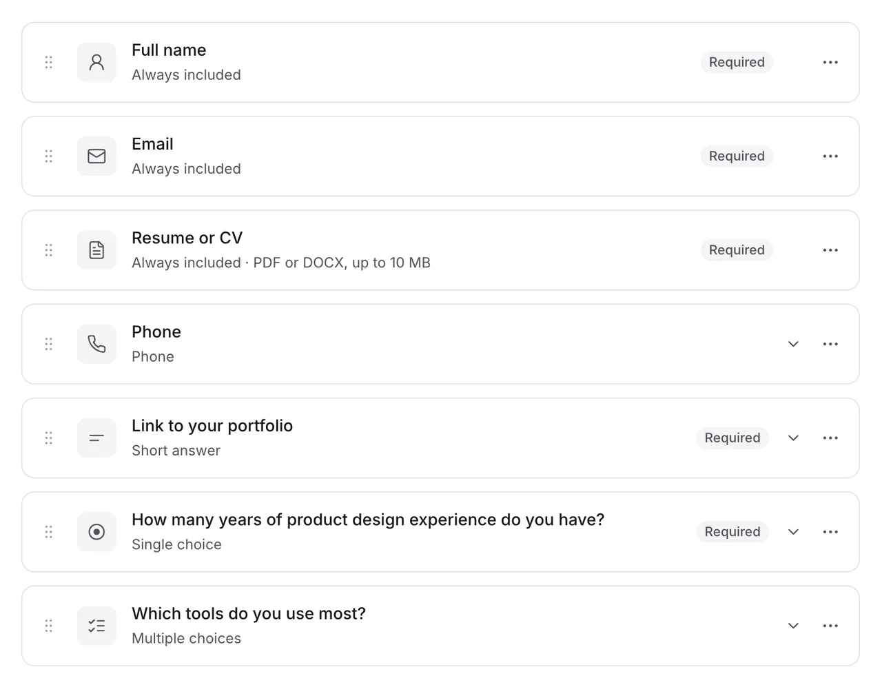 An application form in Emploist: full name, email, and resume, then a phone number, a portfolio link, a single-choice question about years of experience, and a multiple-choice question about tools.